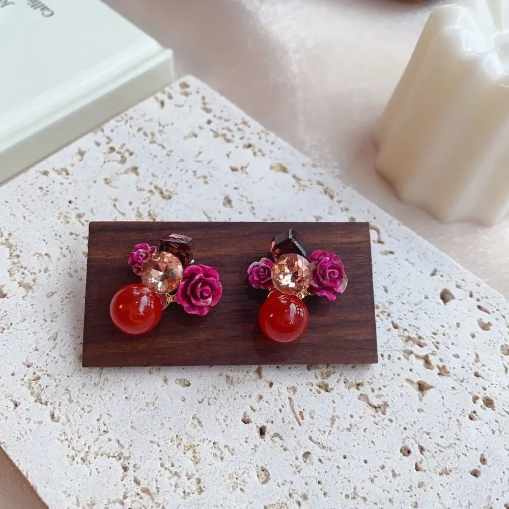 Handmade Burgundy Rose Flower Earring Studs